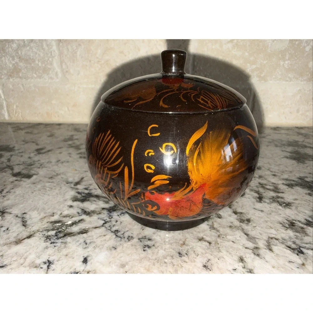 Vtg Asian lacquerware trinket box, hand-painted goldfish in gold,orange on black